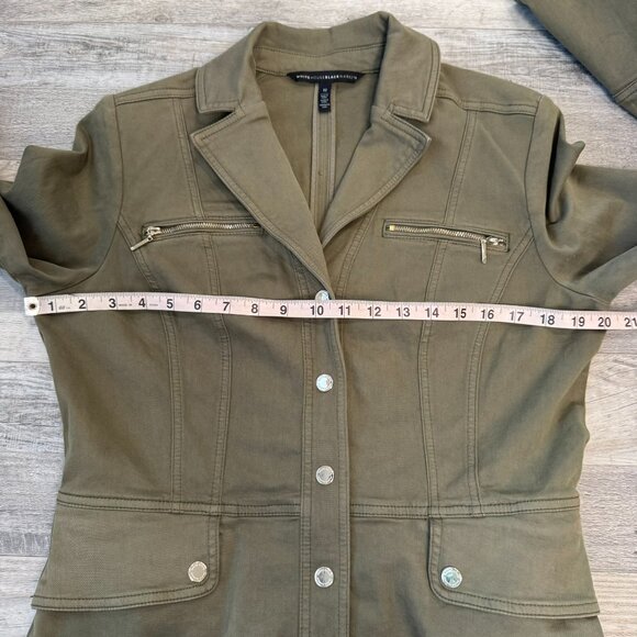 White House Black Market olive military jacket ruffle back womens size 12 E32 - Picture 3 of 6